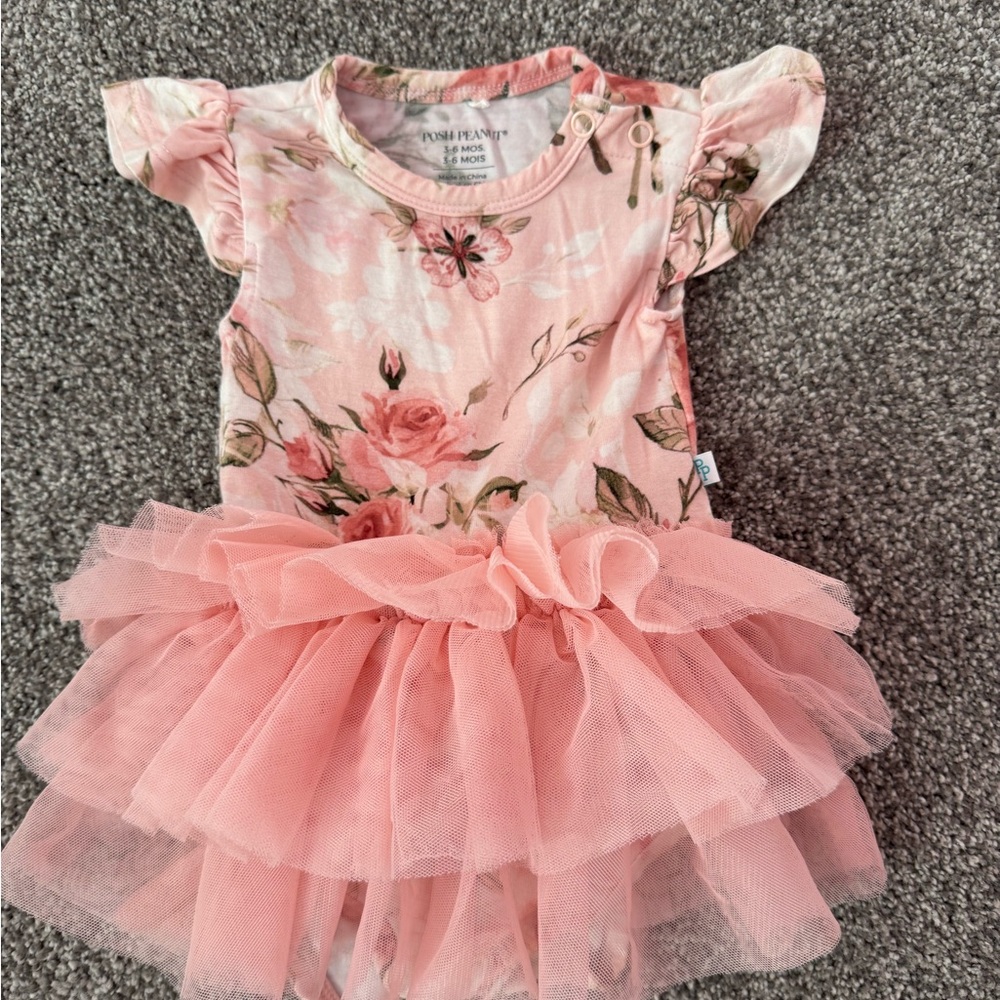POSH PEANUT VINTAGE PINK ROSE TULLE BODYSUIT DRESS 3-6 MONTHS
